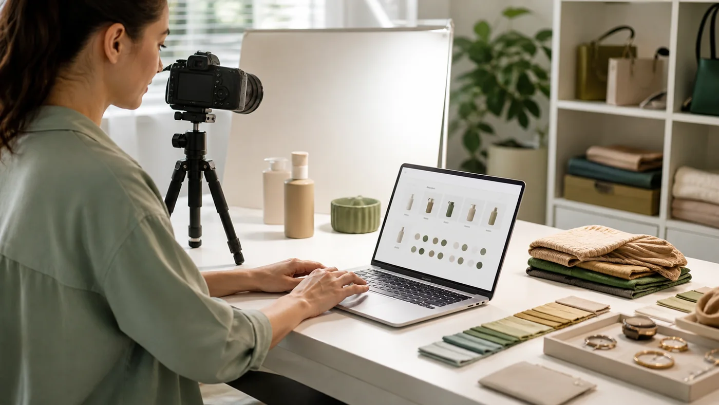 Profesional preparando fotografías, categorías y variaciones para un catálogo online