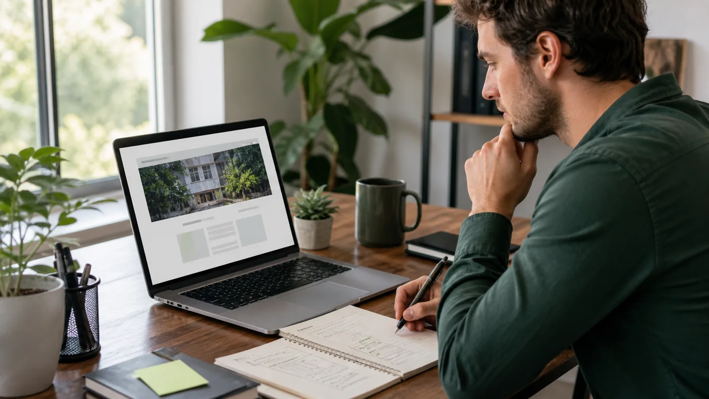 Freelancer analizando la web de un negocio antes de preparar un contacto personalizado