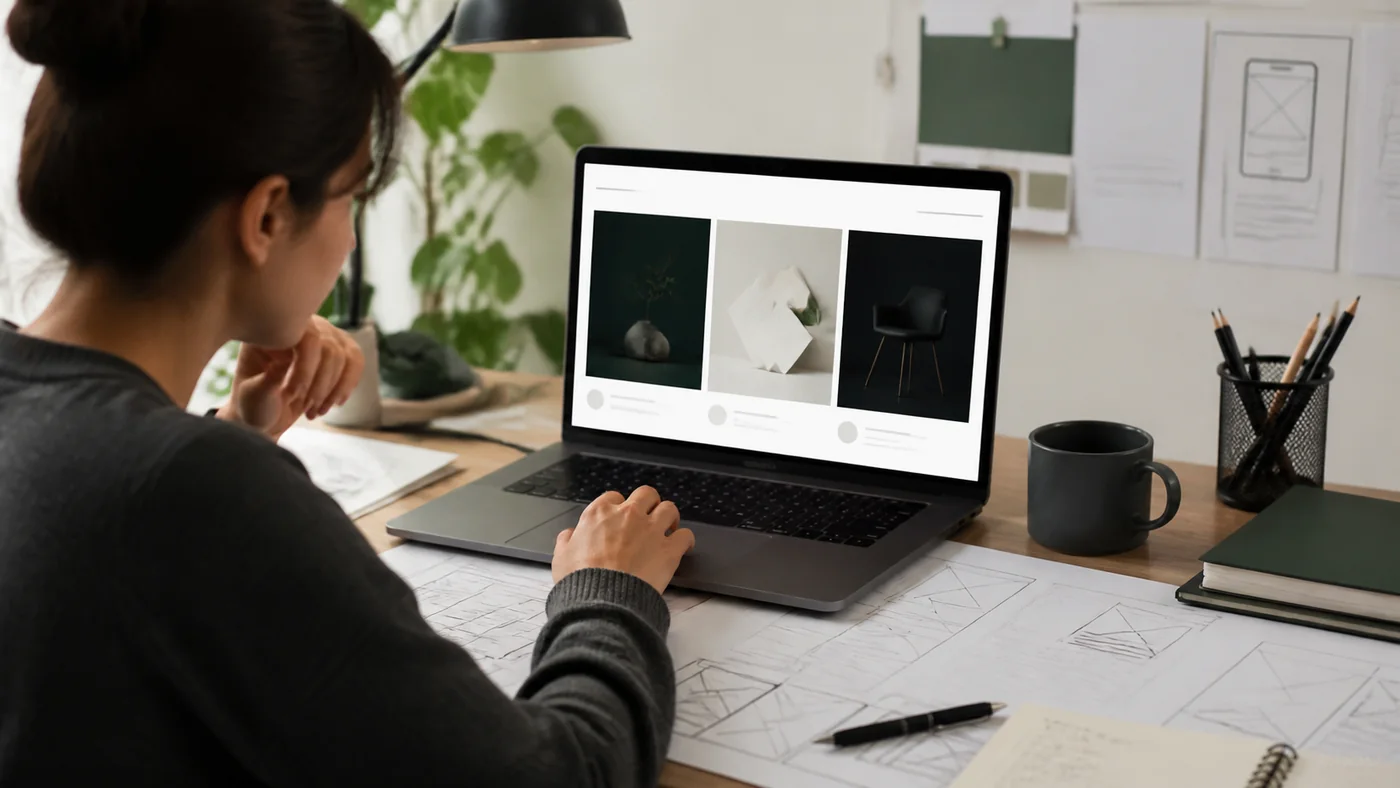 Diseñadora preparando sus primeros proyectos para un portfolio web