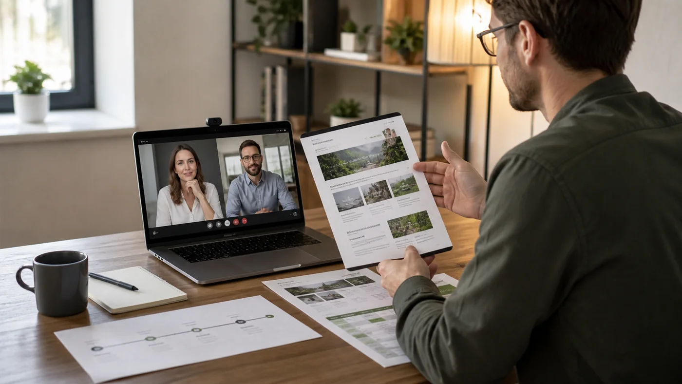 Diseñador presentando una propuesta web profesional a un cliente