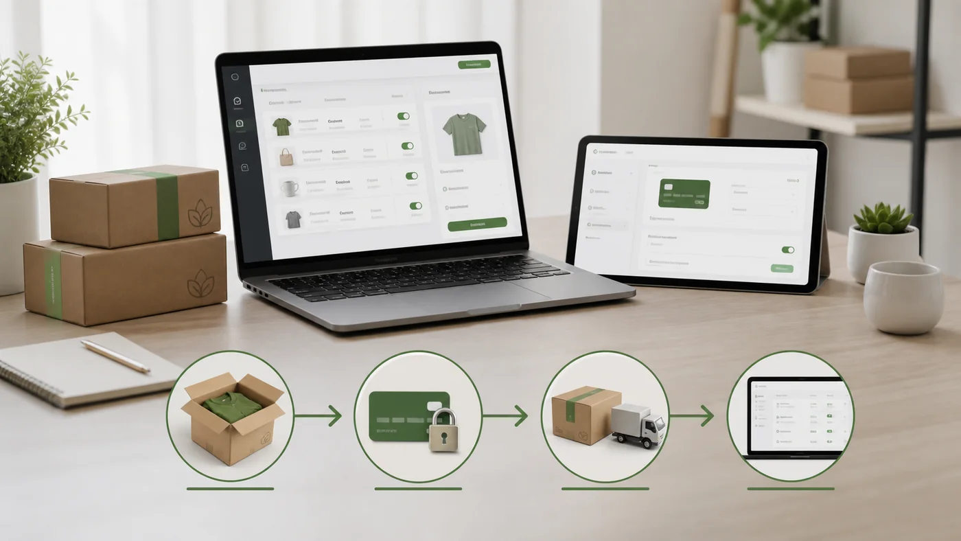 Proceso de una tienda online desde el producto y el pago hasta el envío y la gestión del pedido
