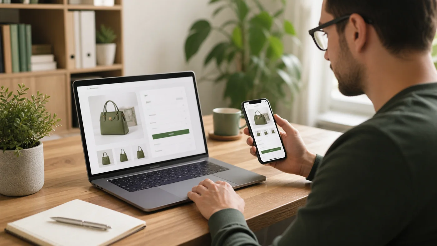 Persona comprobando el funcionamiento de una tienda online en una computadora y un teléfono